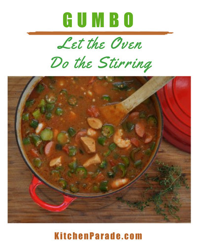 Gumbo ♥ KitchenParade.com, a classic Cajun gumbo except that the roux is cooked in the oven. Let the oven do the stirring!