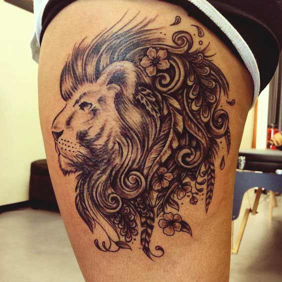 Leo face tattoo designs on thigh