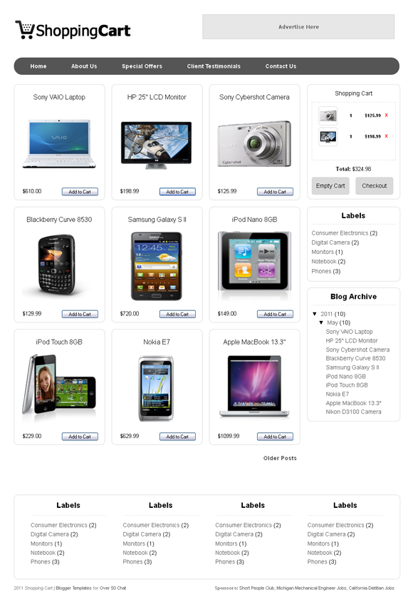 Demonstração do tema Shopping Cart