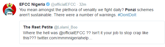 l EFCC responds to user who called them out over MMM crash...lol