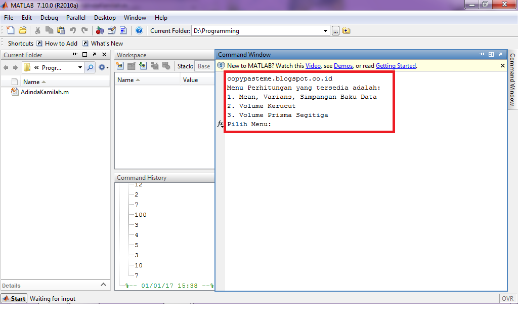 Contoh Penggunaan 'switch' Dalam MATLAB