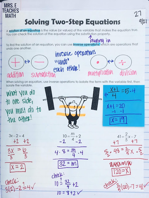 Solving Two-Step Equations interactive notebook page
