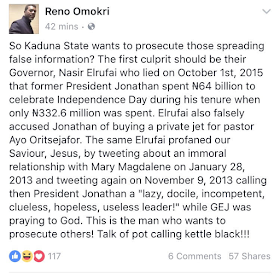 Governor Of Kaduna State Should Be Arrested - Reno Omokri