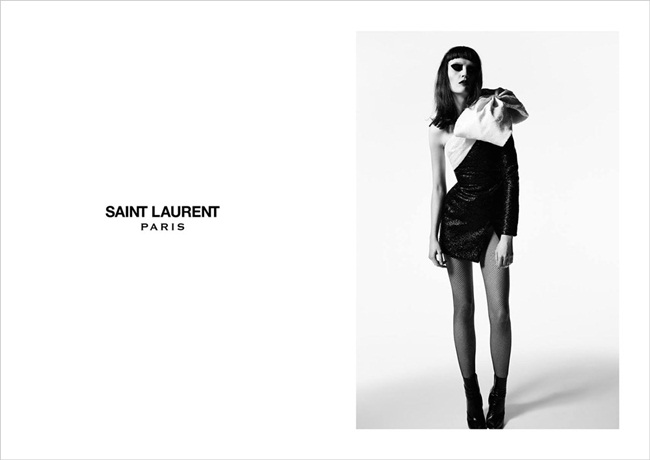 Saint Laurent Fall/Winter 2015 Ad-Campaign, Flo Dron Saint Laurent 2015 AW by Hedi Slimane B&W One Shoulder Bow Dress Editorials