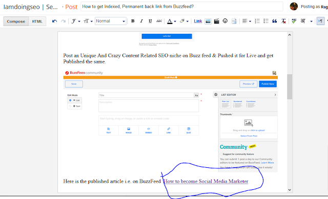 how i included the buzz feed live URL in My new post on blogger