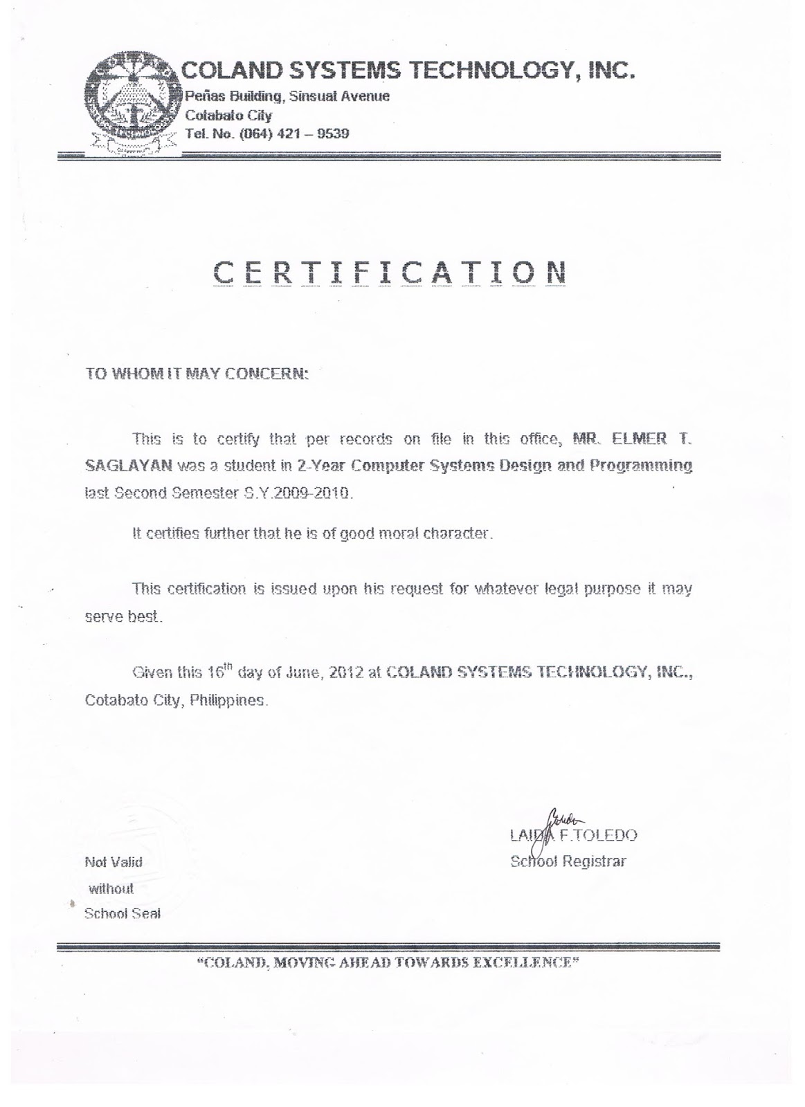 Elmer Saglayan my DIPLOMA, short course certificate ,nso...