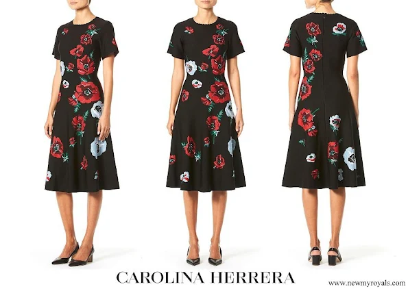Queen Letizia wore Carolina Herrera black poppy-print knit skirt