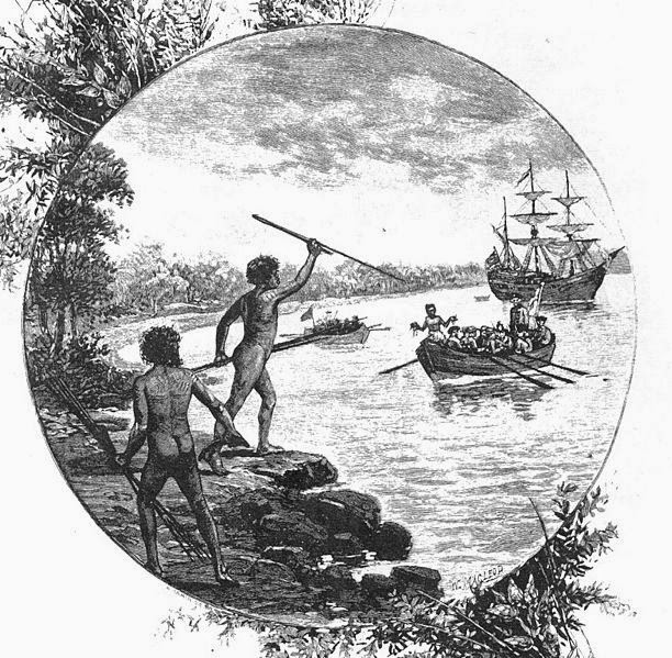 The crew of the Endeavour come ashore; from Australia: the first hundred years, by Andrew Garran, 1886