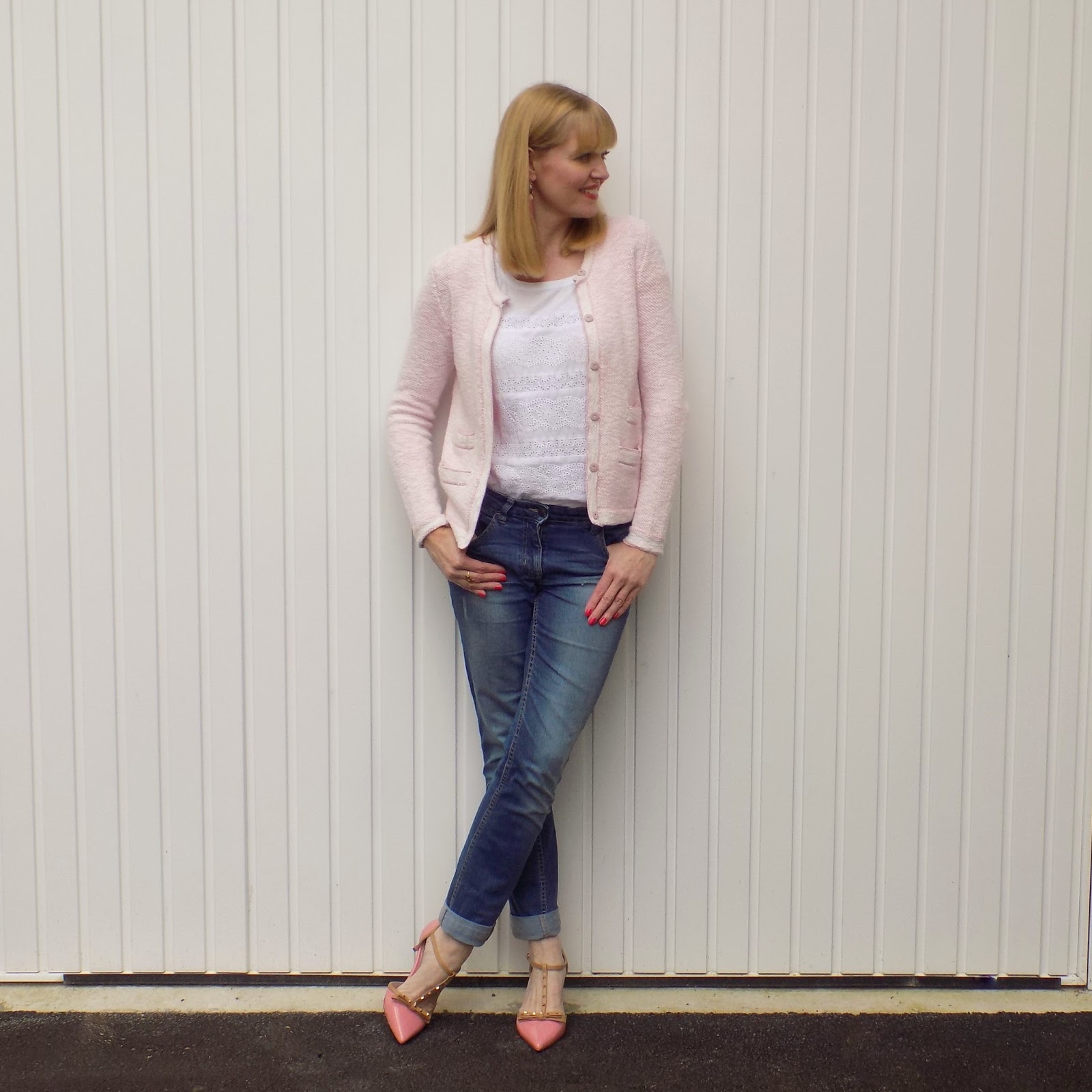 Pink Knitted Tweed Jacket, Pink Shoes and Statement Earrings