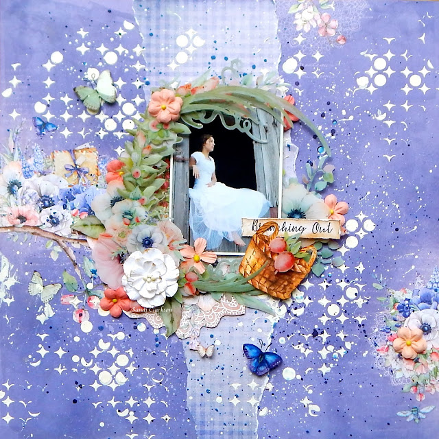 Scraps of Elegance scrapbook kits: Purple/lavender mixed media wedding layout w/our July2017 kit, by Sandi Clarkson. 49 and Market Cottage Life.
