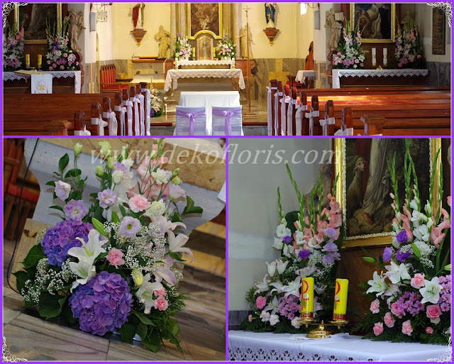 Pastelowa różowo fioletowa dekoracja kościoła na ślub opolskie