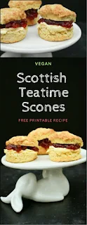 Light and fluffy Scottish scones with a good rise made to a vegan recipe. Perfect for a teatime treat with dairy free spread and jam. Free printable recipe. #scones #scottishscones #veganscones #veganbaking #scottish #vegan