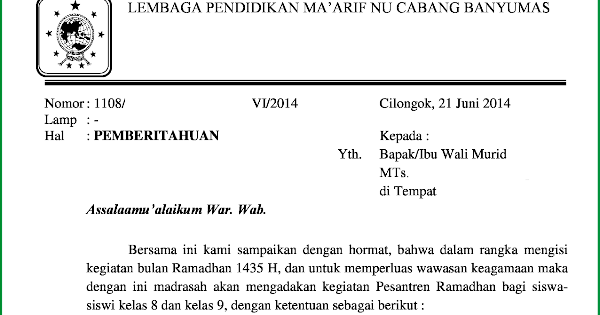 Surat Pemberitahuan Pesantren Kilat Ramadhan 1435 H Bangnidd File