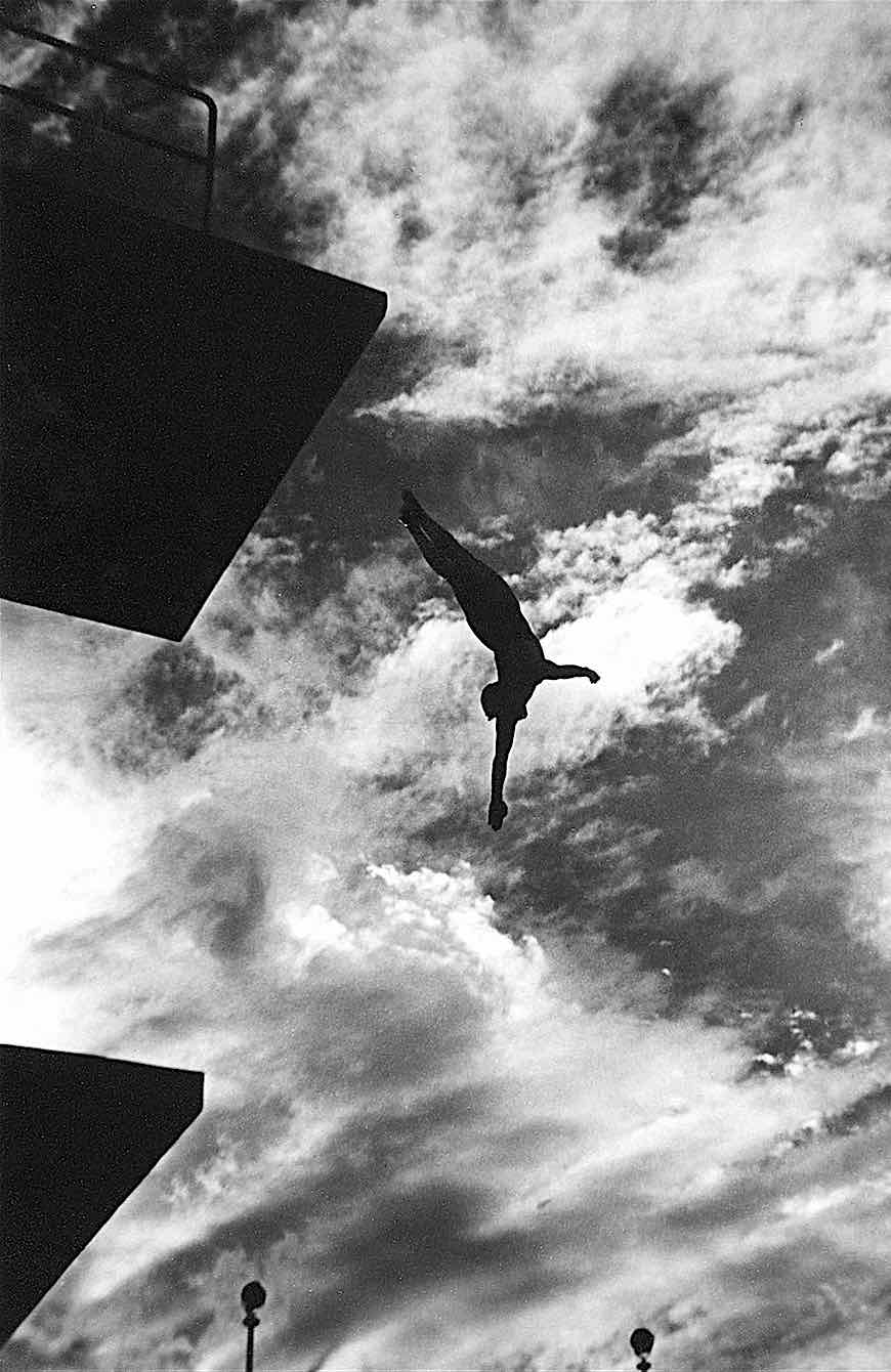 Leni Riefenstahl 1936 a Leni Riefenstahl photograph at the 1936 Olympics, a high diver in silhouette