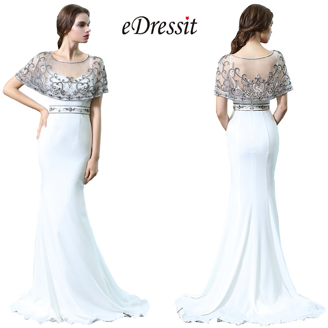 eDressit White Cape Embroidery Beaded Formal Dress