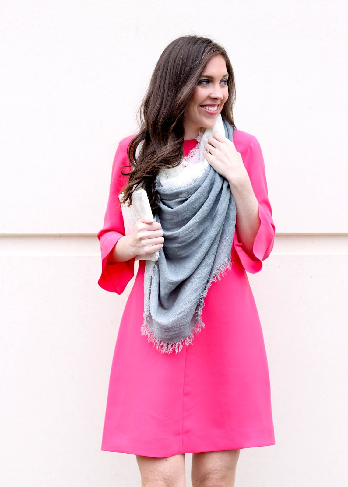 Spring Outfit Ideas, Spring Dress, Preppy Spring Dress with Ruffle Sleeves, Flutter Sleeve Dress, Banana Republic, GiGi New York All in One in white, Loft ombre scarf, fashion blogger, spring trends, pretty in the pines blog, shelby vanhoy