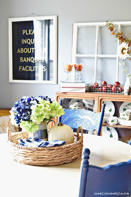 Navy blue and white fall farmhouse dining room decor