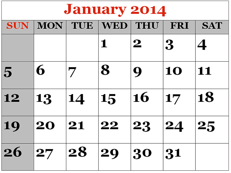 Month of January 2014 Calendar Printable , Printable Calendar 2014
