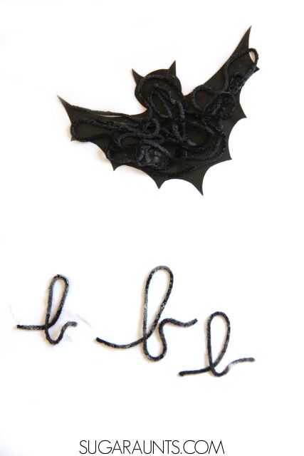 Halloween textured bat craft and creative letter formation activity in this sensory Halloween craft that is a Scissor Skill power house. Appropriate and fun for creative kids from preschool, kindergarten, and elementary school aged.