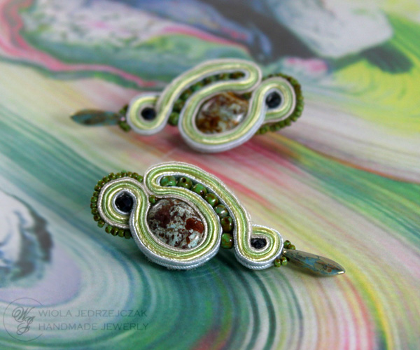 Handmade soutache jewelry, soutache earrings, green moss colours, picasso, tile, jasper