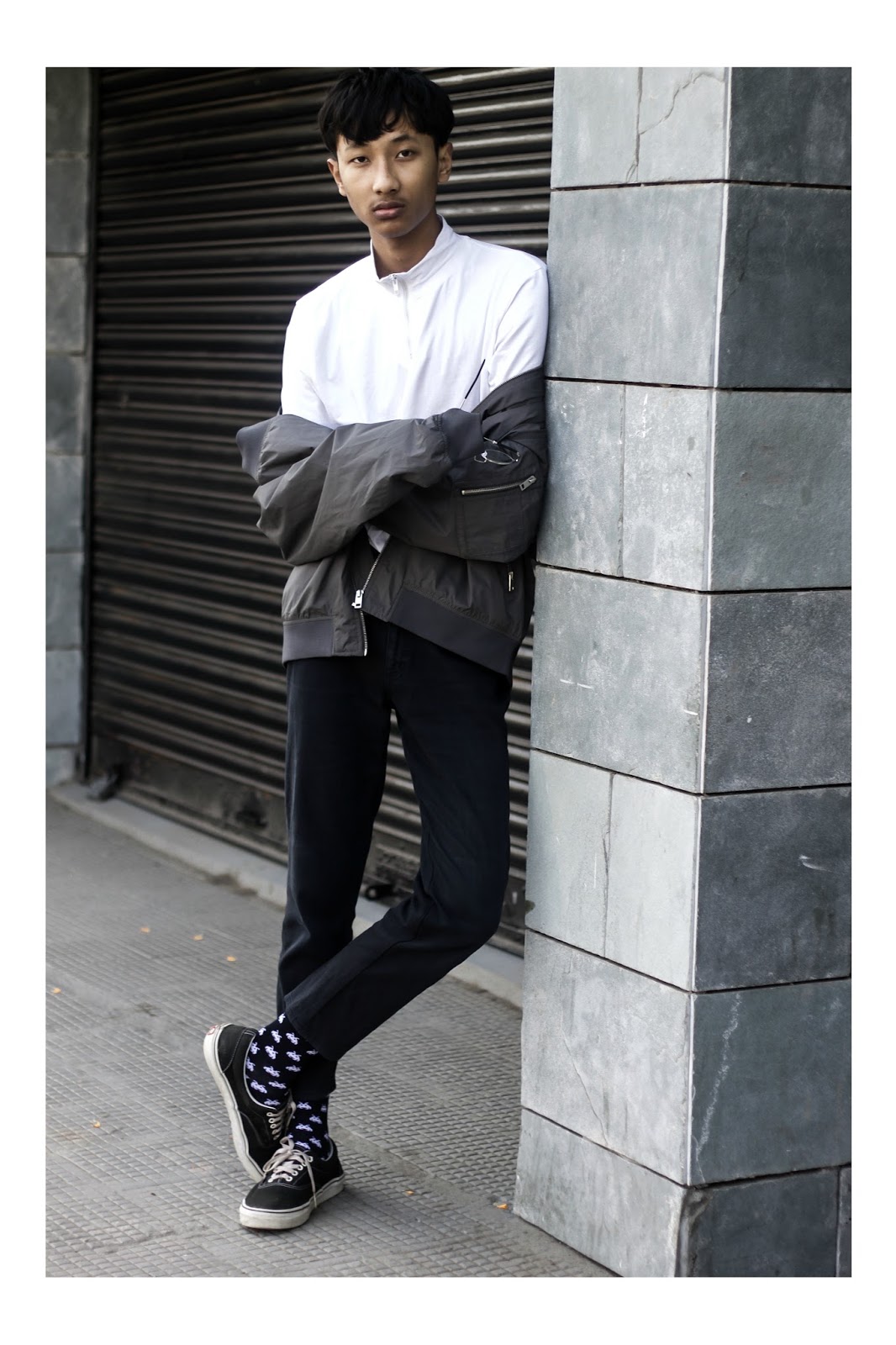 TheQuirkyMinimal by Kangkan Rabha Indian Menswear & Lifestyle blog, Sporty style, menswear, Wering New look bomber jacket, Koovs Funnel Neck Zip T-Shirt, No brand black jeans, Black Vans via jabong & Themojaclub Socks