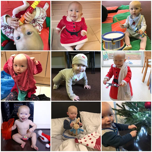 9 pictures of a baby including Christmas outfits