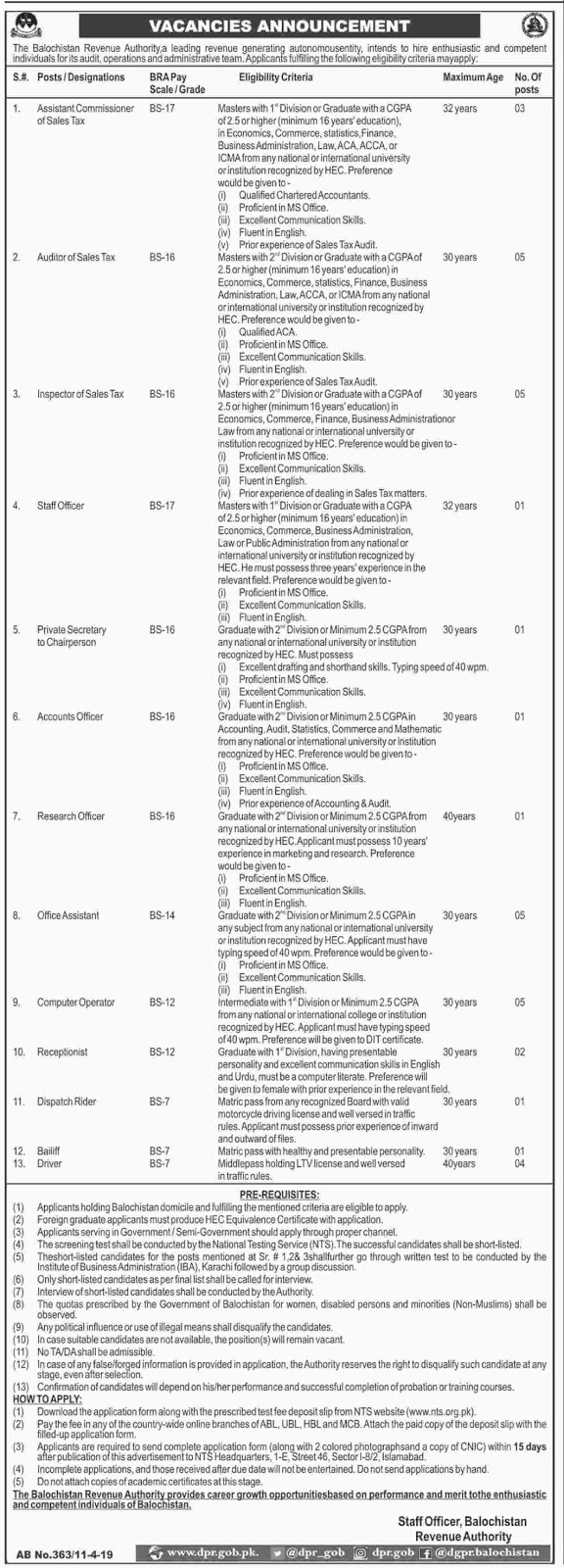 NTS Jobs in Balochistan Revenue Authority 2019 NTS Jobs in Balochistan Revenue Authority 2019