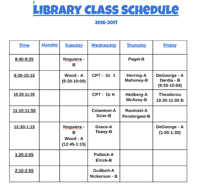  The Memorial School Library Library Class Schedule