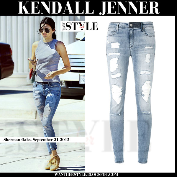 Kendall Jenner in distressed ripped skinny jeans in Sherman Oaks ...