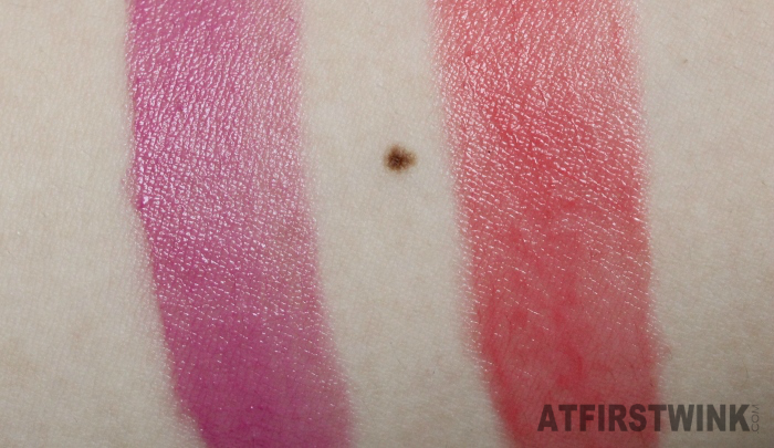 swatches of the MUA Sweet Sheen lip balm - French Violet and Coral Reef