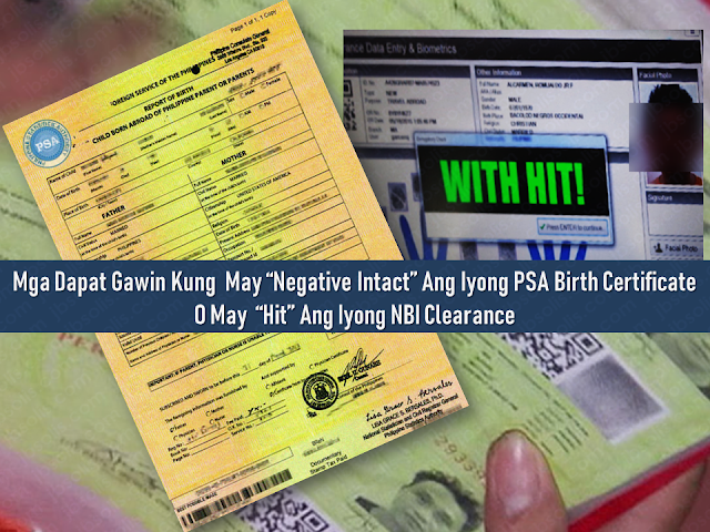 Aside from Philippine passport from the Department of Foreign Affairs (DFA), the birth certificate issued by the Philippine Statistics Authority (PSA) and the NBI clearance from National Bureau Of Investigation (NBI) are among the important documents you need to secure if you are applying for an overseas job. Every aspiring overseas Filipino worker (OFW) has to obtain these documents. But what if you encounter a situation like having a "hit" on your NBI clearance or a "negative intact" on your PSA birth certificate while applying for these requirements? Advertisement “HIT” is the term used by NBI Clearance Outlets if the applicant has a similar name and requires their NBI Clearance to do further verification before it is released to its owner. If a HIT appears, NBI Personnel needs to verify the applicant’s identity further. Applicants are instructed to come back 8-10 working days to claim their NBI Clearance. When you got a "hit" in applying for an NBI clearance. Do not Panic! Here is what you need to do: —If you know that you don’t have any criminal record, no need to worry about it. —Wait for the date of release of your NBI Clearance as directed by the officer. Come back and claim it to the branch where you applied for it. —Come as early as possible on the day of the assigned date of release of your NBI Clearance. Ads When applying for PSA birth certificate and you got a result which says "negative intact", you may do the following: —Check with your local civil registrar where the birth has taken place if you have an existing record of your NSO certificate. —If you have a record, ask the local civil registrar to endorse your NSO certificate record to PSA. —If there is no existing record with the local civil registrar, you will need to file for late registration. —If you have already secured a PSA copy, you can proceed and request your PSA certificate. Ads This is filed under Philippine passport, Department of Foreign Affairs, birth certificate, Philippine Statistics Authority (PSA), National Bureau Of Investigation, overseas job, overseas Filipino worker (OFW), NBI Clearance, Read More: The passport is the most important document for the overseas Filipino workers (OFW) and even for the Filipinos who frequently travel outside the country. We should take good care of it. It is not easy to acquire one, especially when even getting an online appointment is like passing through a needle hole although there is a special courtesy lane for OFWs which do not require an online appointment. After securing an appointment, you need to go through DFA passport processing and submit the needed documents. The new electronic passport (E-passport) validity was extended to so you will be working with it for ten years unless the pages are already full of stamps. In that case, you may need to apply for a new one. Advertisement There are things that we should not do with our passport. Taking care of it has to be a way of life. Do Not Abandon it You are given a maximum of six months to claim it or have it delivered to you, after applying for your Philippine passport. All unclaimed passports beyond that period are canceled automatically in compliance to Department Order No. 37-03. You would just be wasting time and money going through the process of preparing your documents, the actual application and paying for it if you would just abandon it. Keep it out of children's reach! A Chinese man was put on hold in Korea after his kid doodled on his passport. The man was preparing to go back to China when he found out that he had made a huge mistake by leaving his passport with his son who treated his passport as a sketchbook. If you let them vandalize your passport, it is not their fault. Any unauthorized sketches and signature could render your passport invalid for travel. Do Not Lose it When traveling regard your valid passport as the most essential thing which should be on top of your checklist together with your credit card, cash, and clothes. immediately report the loss of your passport to the Consular Records Division of the Department of Foreign Affairs (DFA) if youâre in the Philippines, or any Philippine consulate or embassy closest to you if you are abroad. Youâll need to submit documents like an Affidavit of Loss and Police Report if your passport is still valid, and a photocopy of its first and last pages if available. Advertisement Do Not Deface It Another case that would render your passport invalid is getting it damaged, whether by getting wet, having a torn page or sustaining a hole and other markings. In this case, you may need to apply for a new for a passport with a notarized Affidavit of Mutilation attached. You also need to submit a photocopy of the first and last pages of your passport. Do Not Paste or staple anything on it Do not paste or staple anything on the cover of your passport that may damage the electronic chip on it, or paste/staple printed visas and any stickers on its pages. Do not pawn or use it as a collateral A common practice used by Overseas Filipino Workers (OFW), although it is illegal, are passports being used as a loan collateral. Passports are government property and not your own. If you get caught using your passport to loan money from any individual, you can get your travel document canceled and it may affect your next passport applications. This is filed under the category of DFA passport processing, 10 years passport validity, Electronic Passport, E-Passport, Getting Philippine Passport, passport validity, passport appointment, Sponsored Links Read More: Questions And Answers About UAE Amnesty 2018 What is OWWAâs Tulong Puso Program and How OFWs or Organizations Can Avail? Where And How To Invest In Stocks In The Philippines Do You Know That You Can Rate Your Recruitment Agency? Find Out Which Country Has The Fastest Internet Speed Using This Interactive Map Important Reminders: Things You Should Not Do With Your Passport Extortion and video or photo voyeurism is a serious crime and our overseas Filipino workers (OFW) are vulnerable to such crimes. A number of cases where female OFWs was lured to send nude photos or videos to their boyfriend whom they only knew online and later the latter will eventually ask for money in agreement that he will not upload the said videos or photos online. Advertisement Ads A man was arrested for extorting money from her OFW girlfriend. The suspect asked the OFW to give him Php50,000 for the agreement that he will not upload the OFW's nude photos online. National Bureau of Investigation (NBI) operatives set up an entrapment operation in response to the complaint of OFW "Rhia", (real name withheld) in a restaurant and waited for the suspect Dexter Caminos. After Rhia handed the money to Caminos, the NBI Cybercrime Division operatives moved quickly putting the suspect under arrest. The suspect admitted that they were having a quarrel and that he receives allowances from the OFW. He also denied that he was blackmailing the OFW. The suspect also said that it was not extortion and the money is for their business. Rhia said that she was forced to take an emergency leave from her work in the UAE to file a complaint to the Philippine authorities. She also said that he already gave Php40,000 to he suspect due to his threats. He was telling her that he will send the nude photos to her family and to her churchmates if she will not hand him the money. The victim believes that she was not the only victim since the suspect was also an OFW. The suspect is facing robbery extortion charges, violation of Violence Against Women and Children Act and Video Voyeurism Act. This is filed under Extortion, video or photo voyeurism, overseas Filipino workers, OFW, nude photos, Ads Read More: Filed under the category of Abu Dhabi, Al Ain, consulates, Crackdown, Dubai, Embassies, Emirati population, EXPATRIATES, Filipinos in the UAE, illegal residency, illegal residents, ofw, overseas Filipinos workers, United Arab Emirates There are almost 700,000 overseas Filipinos workers (OFW) living in the United Arab Emirates (UAE), 450,000 of which live in Dubai comprising 21.3% of the total population of Dubai. It is the largest population of Filipinos in the UAE, followed by Abu Dhabi and Al Ain. OFWs in the UAE sent over US$500 million in remittances to the Philippines. The UAE is home to over 200 nationalities. Emirati population is only about 20% of the total population. To address illegal residency issues, the UAE government is giving amnesty to the expatriates, giving them a chance to correct their residency status before the anticipated crackdown on illegal residents. The amnesty 3-month amnesty period will begin on August 1 until October 31 this year. Embassies and various consulates representing the expatriates are also expected to coordinate with its nationals during the amnesty period. Advertisement Sponsored Links Expatriates who are staying illegally in the UAE are encouraged to apply for the amnesty. For more information and guidance about what the amnesty is all about and how to avail of it, please check out these useful questions and answers concerning the amnesty to be given to the expats who have issues with their residency in the Gulf state. 1. What is the duration of the amnesty? Residents can avail of the amnesty for three months from August 1 to October 31 2. Who are the people eligible for amnesty? The individuals who are staying illegally in the country can apply for amnesty. 3. What are the two options available for illegal residents under amnesty? Those who wish to exit the country can go back to their home countries without paying fines or facing a jail term. Or individuals can regularise their status by getting a new visa under a sponsor. 4. Will those who entered the country illegally be given amnesty? Yes. But they will exit the country with a two-year ban. 5. Will there be a permanent ban on reentering the UAE for those who avail of amnesty? No. There will be no ban, and people can re-enter the country on valid visas. 6. Will the applicant have to pay to overstay fines before modifying their illegal status? No. Applicants of amnesty will get a waiver on all overstaying fines. 7. What kind of violations will not fall under the amnesty scheme? People who have been blacklisted and also those who have legal cases against them are not eligible for amnesty. All residency violations will fall under the amnesty scheme. 8. Can those who have an absconding report against them apply for amnesty? Yes, Immigration authorities will remove the absconding report and issue exit permit without a ban. 9. Can applicants who modify their status apply for jobs in the UAE? A: Yes. Applicants can register in the virtual job market available on the website of the Ministry of Human Resources and Emiratisation 10. How long can those who modified their residency status stay in the country to look for jobs? A: People looking for jobs can obtain a six-month temporary visa to look for employment. 11. How can residents apply for amnesty? A: Illegal residents wishing to exit the country can approach the Immigration department and get an exit permit. 12. What are the documents residents need to submit? A: Residents need to submit the original passport or EC (emergency certificate). They also need to submit an air ticket along with the application. 13. What is the fee for applying for exit permit? A: A fee of AED220 is charged on the exit permit. 14. What is the fee for modifying residency status? A: A fee of AED500 is charged. 15. Can residents without passports apply for amnesty? A: Yes, Residents without passports can also apply. 16. What is the time period to exit the country after getting the exit pass? A: Individuals have to exit within 10 days of getting the exit pass. 17. How can those who cannot come to the Immigration apply for amnesty? A: Immigration will issue exit permits based on medical reports or letter from the embassy or consulate. 18. How many amnesty service centers have authorities established across the UAE? A: A total of nine centers have been established at the centers of the General Directorates of Residency and Foreign Affairs across the UAE. 19. Where are the centers in Abu Dhabi located? A: Al Ain, Shahama, and Al Garbia 20. Where can people submit their documents in Dubai? A: At Al Aweer Immigration center 21. What is the location for other emirates? A: The amnesty centers are located at the Immigration Offices in the emirates. 22. What are the timings for the centers? A: The amnesty service centers will open from 8am to 8pm. Families coming from war-torn countries like Syria and Yemen will be granted a one-year residence visa without restrictions attached. Meanwhile, a social media post from the Philippine Embassy in the UAE said that for the OFWs who wish to be repatriated to the Philippines, the Philippine government will shoulder their one-way plane ticket and other fees. However, the embassy clarifies that it is only applied to only those who are willing to go back home. For more information regarding the details of the amnesty, keep in touch with Philippine Embassy in Abu Dhabi or send an email to atn.abudhabi@gmail.com For those who are in Dubai and the Northern Emirates, they can go to the Philippine Consulate in Dubai or send an email to amnesty@pcgdubai.ae or call 04 220 7100 Filed under the category of Abu Dhabi, Al Ain, consulates, Crackdown, Dubai, Embassies, Emirati population, EXPATRIATES, Filipinos in the UAE, illegal residency, illegal residents, ofw, overseas Filipinos workers, United Arab Emirates READ MORE: Find Out Which Country Has The Fastest Internet Speed Using This Interactive Map Find Out Which Is The Best Broadband Connection In The Philippines Best Free Video Calling/Messaging Apps Of 2018 Modern Immigration Electronic Gates Now At NAIA ASEAN Promotes People Mobility Across The Region You Too Can Earn As Much As P131K From SSS Flexi Fund Investment Survey: 8 Out of 10 OFWS Are Not Saving Their Money For Retirement Can A Virgin Birth Be Possible At This Millennial Age? Dubai OFW Lost His Dreams To A Scammer Support And Protection Of The OFWs, Still PRRD's Priority Questions And Answers About UAE Amnesty 2018 The passport is the most important document for the overseas Filipino workers (OFW) and even for the Filipinos who frequently travel outside the country. We should take good care of it. It is not easy to acquire one, especially when even getting an online appointment is like passing through a needle hole although there is a special courtesy lane for OFWs which do not require an online appointment. After securing an appointment, you need to go through DFA passport processing and submit the needed documents. The new electronic passport (E-passport) validity was extended to so you will be working with it for ten years unless the pages are already full of stamps. In that case, you may need to apply for a new one. Advertisement There are things that we should not do with our passport. Taking care of it has to be a way of life. Do Not Abandon it You are given a maximum of six months to claim it or have it delivered to you, after applying for your Philippine passport. All unclaimed passports beyond that period are canceled automatically in compliance to Department Order No. 37-03. You would just be wasting time and money going through the process of preparing your documents, the actual application and paying for it if you would just abandon it. Keep it out of children's reach! A Chinese man was put on hold in Korea after his kid doodled on his passport. The man was preparing to go back to China when he found out that he had made a huge mistake by leaving his passport with his son who treated his passport as a sketchbook. If you let them vandalize your passport, it is not their fault. Any unauthorized sketches and signature could render your passport invalid for travel. Do Not Lose it When traveling regard your valid passport as the most essential thing which should be on top of your checklist together with your credit card, cash, and clothes. immediately report the loss of your passport to the Consular Records Division of the Department of Foreign Affairs (DFA) if youââ¬â¢re in the Philippines, or any Philippine consulate or embassy closest to you if you are abroad. Youââ¬â¢ll need to submit documents like an Affidavit of Loss and Police Report if your passport is still valid, and a photocopy of its first and last pages if available. Advertisement Do Not Deface It Another case that would render your passport invalid is getting it damaged, whether by getting wet, having a torn page or sustaining a hole and other markings. In this case, you may need to apply for a new for a passport with a notarized Affidavit of Mutilation attached. You also need to submit a photocopy of the first and last pages of your passport. Do Not Paste or staple anything on it Do not paste or staple anything on the cover of your passport that may damage the electronic chip on it, or paste/staple printed visas and any stickers on its pages. Do not pawn or use it as a collateral A common practice used by Overseas Filipino Workers (OFW), although it is illegal, are passports being used as a loan collateral. Passports are government property and not your own. If you get caught using your passport to loan money from any individual, you can get your travel document canceled and it may affect your next passport applications. This is filed under the category of DFA passport processing, 10 years passport validity, Electronic Passport, E-Passport, Getting Philippine Passport, passport validity, passport appointment, Sponsored Links Read More: Questions And Answers About UAE Amnesty 2018 What is OWWAââ¬â¢s Tulong Puso Program and How OFWs or Organizations Can Avail? Where And How To Invest In Stocks In The Philippines Do You Know That You Can Rate Your Recruitment Agency? Find Out Which Country Has The Fastest Internet Speed Using This Interactive Map Things You Should Not Do With Your Passport This is filed under the category of owwa pangkabuhayan loan, owwa benefits loan, owwa cash assistance, owwa office, ofw loan owwa, owwa membership benefits, owwa business program for ofw, ofw loan in owwa, owwa cash loan, The Overseas Workers Welfare Administration (OWWA)has welcomed the P300-million budget allocated by the Department of Labor and Employment (DOLE) for a livelihood program that is expected to benefit returning overseas Filipino workers (OFW). DOLE, headed by Secretary Silvestre Bello III, has allocated P300 million as a livelihood support for OFW organizations through OWWAââ¬â¢s "Tulong Pangkabuhayan sa Pag-unlad ng Samahang OFWs "(Tulong Puso) program. Advertisement Sponsored Links This is filed under the category of owwa pangkabuhayan loan, owwa benefits loan, owwa cash assistance, owwa office, ofw loan owwa, owwa membership benefits, owwa business program for ofw, ofw loan in owwa, owwa cash loan, The Overseas Workers Welfare Administration (OWWA)has welcomed the P300-million budget allocated by the Department of Labor and Employment (DOLE) for a livelihood program that is expected to benefit returning overseas Filipino workers (OFW). DOLE, headed by Secretary Silvestre Bello III, has allocated P300 million as a livelihood support for OFW organizations through OWWAââ¬â¢s Tulong Pangkabuhayan sa Pag-unlad ng Samahang OFWs (Tulong Puso) program. Advertisement Sponsored Links It is a mechanism of DOLE-OWWA to urge OFW organizations or groups to put up new livelihood programs or businesses. Together with their partners like the Department of Trade and Industry (DTI) and Department of Agriculture (DA), they will conduct enterprise development training and other social preparation intervention to equip OFW groups all the vital skills and trainings to ensure high success rates of whatever project they want to start. Any interested DOLE, CDA accredited or SEC-registered OFW groups may submit their project proposal together with the required documents at any of the 17 OWWA Regional Welfare Offices for evaluation. *For the complete list of the needed requirements, click here. DOLE believe that the Tulong PUSO program could convince the OFW organizations to start a productive endeavor for the good of every OFWs and their family as the community benefit as well. This is filed under the category of owwa pangkabuhayan loan, owwa benefits loan, owwa cash assistance, owwa office, ofw loan owwa, owwa membership benefits, owwa business program for ofw, ofw loan in owwa, owwa cash loan, READ MORE: Find Out Which Country Has The Fastest Internet Speed Using This Interactive Map Find Out Which Is The Best Broadband Connection In The Philippines Best Free Video Calling/Messaging Apps Of 2018 Modern Immigration Electronic Gates Now At NAIA ASEAN Promotes People Mobility Across The Region You Too Can Earn As Much As P131K From SSS Flexi Fund Investment Survey: 8 Out of 10 OFWS Are Not Saving Their Money For Retirement Can A Virgin Birth Be Possible At This Millennial Age? Dubai OFW Lost His Dreams To A Scammer Support And Protection Of The OFWs, Still PRRD's Priority It is a mechanism of DOLE-OWWA to urge OFW organizations or groups to put up new livelihood programs or businesses. Together with their partners like the Department of Trade and Industry (DTI) and Department of Agriculture (DA), they will conduct enterprise development training and other social preparation intervention to equip OFW groups all the vital skills and trainings to ensure high success rates of whatever project they want to start. Any interested DOLE, CDA accredited or SEC-registered OFW groups may submit their project proposal together with the required documents at any of the 17 OWWA Regional Welfare Offices for evaluation. *For the complete list of the needed requirements, click here. DOLE believe that the Tulong PUSO program could convince the OFW organizations to start a productive endeavor for the good of every OFWs and their family as the community benefit as well. This is filed under the category of owwa pangkabuhayan loan, owwa benefits loan, owwa cash assistance, owwa office, ofw loan owwa, owwa membership benefits, owwa business program for ofw, ofw loan in owwa, owwa cash loan, This is filed under the category of owwa pangkabuhayan loan, owwa benefits loan, owwa cash assistance, owwa office, ofw loan owwa, owwa membership benefits, owwa business program for ofw, ofw loan in owwa, owwa cash loan, The Overseas Workers Welfare Administration (OWWA)has welcomed the P300-million budget allocated by the Department of Labor and Employment (DOLE) for a livelihood program that is expected to benefit returning overseas Filipino workers (OFW). DOLE, headed by Secretary Silvestre Bello III, has allocated P300 million as a livelihood support for OFW organizations through OWWAââ¬â¢s Tulong Pangkabuhayan sa Pag-unlad ng Samahang OFWs (Tulong Puso) program. Advertisement Sponsored Links It is a mechanism of DOLE-OWWA to urge OFW organizations or groups to put up new livelihood programs or businesses. Together with their partners like the Department of Trade and Industry (DTI) and Department of Agriculture (DA), they will conduct enterprise development training and other social preparation intervention to equip OFW groups all the vital skills and trainings to ensure high success rates of whatever project they want to start. Any interested DOLE, CDA accredited or SEC-registered OFW groups may submit their project proposal together with the required documents at any of the 17 OWWA Regional Welfare Offices for evaluation. *For the complete list of the needed requirements, click here. DOLE believe that the Tulong PUSO program could convince the OFW organizations to start a productive endeavor for the good of every OFWs and their family as the community benefit as well. This is filed under the category of owwa pangkabuhayan loan, owwa benefits loan, owwa cash assistance, owwa office, ofw loan owwa, owwa membership benefits, owwa business program for ofw, ofw loan in owwa, owwa cash loan, READ MORE: Find Out Which Country Has The Fastest Internet Speed Using This Interactive Map Find Out Which Is The Best Broadband Connection In The Philippines Best Free Video Calling/Messaging Apps Of 2018 Modern Immigration Electronic Gates Now At NAIA ASEAN Promotes People Mobility Across The Region You Too Can Earn As Much As P131K From SSS Flexi Fund Investment Survey: 8 Out of 10 OFWS Are Not Saving Their Money For Retirement Can A Virgin Birth Be Possible At This Millennial Age? Dubai OFW Lost His Dreams To A Scammer Support And Protection Of The OFWs, Still PRRD's Priority READ MORE: Find Out Which Country Has The Fastest Internet Speed Using This Interactive Map Find Out Which Is The Best Broadband Connection In The Philippines Best Free Video Calling/Messaging Apps Of 2018 Modern Immigration Electronic Gates Now At NAIA ASEAN Promotes People Mobility Across The Region You Too Can Earn As Much As P131K From SSS Flexi Fund Investment Survey: 8 Out of 10 OFWS Are Not Saving Their Money For Retirement Can A Virgin Birth Be Possible At This Millennial Age? Dubai OFW Lost His Dreams To A Scammer Support And Protection Of The OFWs, Still PRRD's Priority What is OWWAâs Tulong Puso Program and How OFWs or Organizations Can Avail? Where And How To Invest In Stocks In The Philippines Man Nabbed For "Sextortion" Of An OFW Railways have been always proven as the main factor in determining and assuring the fast flow of commerce and trade for ages. The economy and financial progress of countries all over the world greatly depend on how fast they can transport commodities and services throughout the country and its neighbors. Up to this present time, railways are still playing its great role in many progressive countries in different continents. In the Philippines, Duterte administrationâs Build Build Build program referred to as the âgolden age of infrastructureâ, started construction of the nationâs first subway system including a number of railway projects. Advertisement These projects include Philippine National Railways (PNR) North Rail, PNR South Rail, the Luzon Spine Expressway and Mindanao Rail. The Build Build Build projects which include all of these has an estimated cost of P3.6 trillion which is expected to raise the contribution of infrastructure spending to GDP (gross domestic product) from 5.4 % in 2017 to 7.4% in 2022. PNR North Rail, which will spend about P225 million, extending to 100 kilometers connecting Manilaâs Tutuban Station to Pampangaâs Clark International Airport. The Tutuban-Clark journey that will last for about 55 minutes is expected to service around 35,000 passengers everyday. PNR South Rail, which will connect Manila with the Bicol region, will be made of two stretches. The first stretch, from Manila to Los Banos - a distance of 75kms â will be able to accommodate up to 400,000 passengers daily upon its completion in 2022. The Luzon Spine Expressway is a more ambitious undertaking, for it will start in La Union and end in the Bicol region. It will encompass road projects that are already underway â including the project that will link NLEX (the North Luzon Expressway)and SLEX (the South Luzon Expressway). When the Luzon Spine Expressway is completed, travel time between La Union and the Bicol region will be reduced to under 12 hours. Ads Mindanao Rail will be a colossal project. For one thing, there is the distance that it will cover: the 2,000 miles between Tagum and the cities of Davao and Digos. For another, there is the projectâs price tag: P32 billion. Expected to be completed in 2021, Mindanao Rail will be able to carry 117,000 passengers daily. The travel time between Tagum and Digos will be reduced to just an hour. These railways and road projects are ambitious but they will do much to increase for the economic development in their coverage areas. Mindanao Rail, in particular, is set to operate in an area that badly needs boosting economic activities. Ads However, it's completion target which is expected by 2021is nearly impossible and ambitious. Will the Build Build Build program be able to beat their due date? Only four years left in President Duterteâs term. Will the next president carry on with these projects? That is the big question now. This is filed under Railways, commerce and trade, Philippines, Duterte, Build Build Build, infrastructure, subway system, railway projects, construction, Read More: Questions And Answers About UAE Amnesty 2018 Things You Should Not Do With Your Passport What is OWWAâs Tulong Puso Program and How OFWs or Organizations Can Avail? Where And How To Invest In Stocks In The Philippines These Are Some of the Speedy Trains and Railway Projects In The Philippines OFW Scalded By Employer In Saudi Arabia