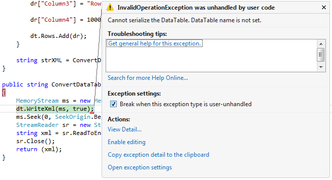 Dot Net Example: Cannot serialize the DataTable. DataTable name is not set.