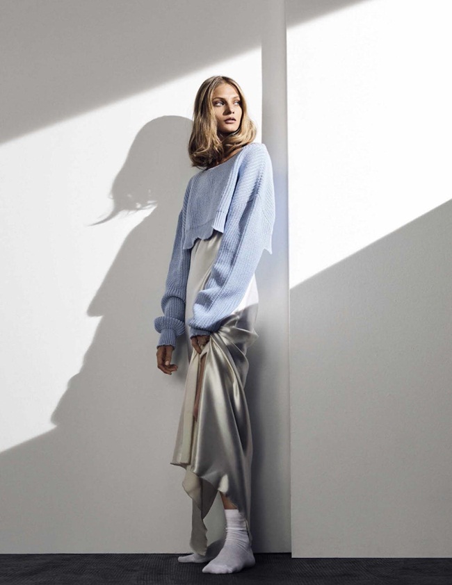 Vogue Spain February 2016, Anna Selezneva Christian Dior 2016 SS RTW Serenity Blue Cropped Sweater Editorials