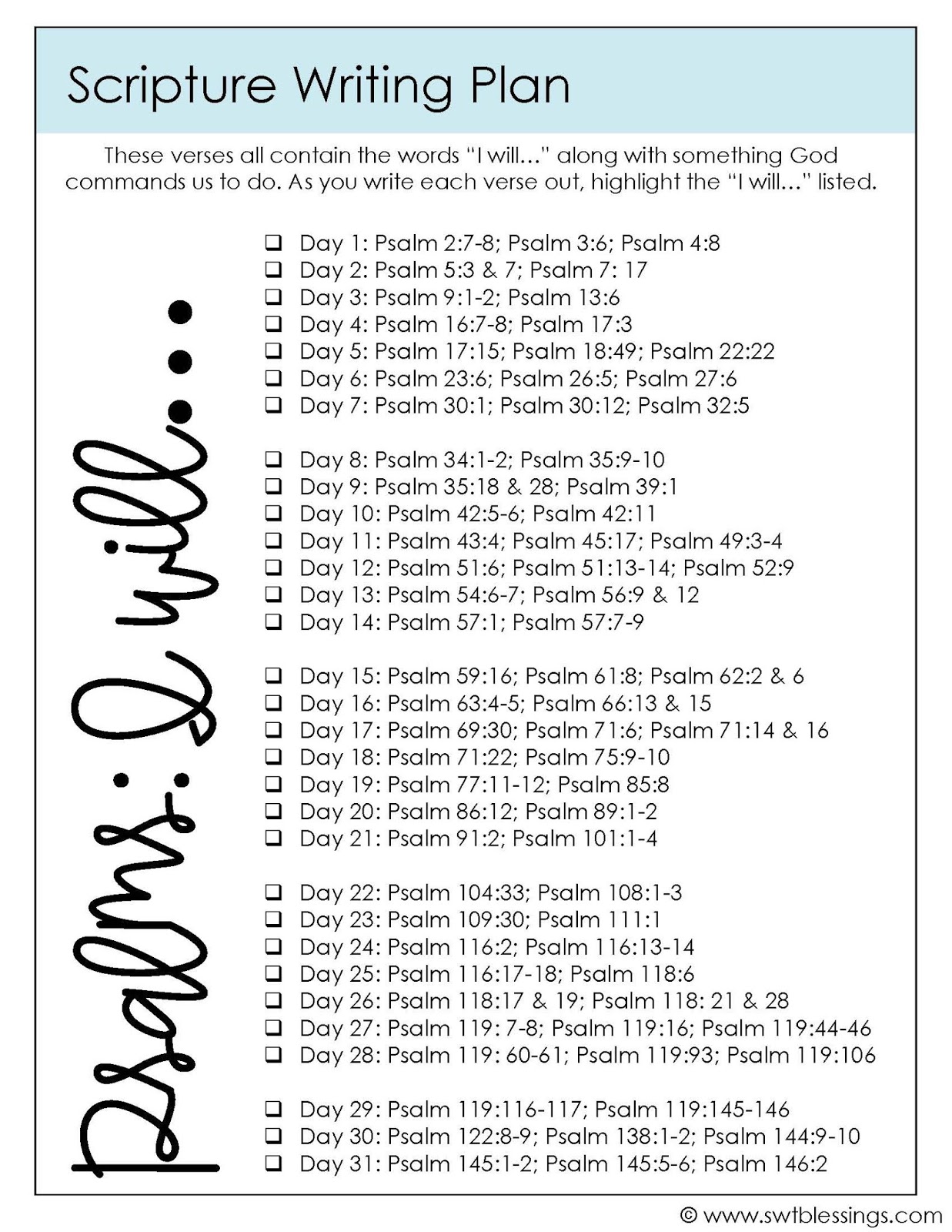 Sweet Blessings: January Scripture Writing Plan: Psalms- I WILL.