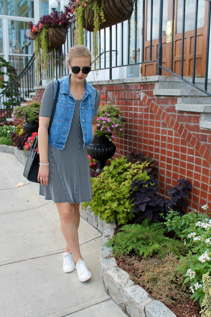 Madewell jean vest, striped dress and white trainers