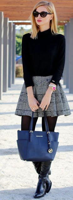 Women's fashion | Plaid student skirt, black sweater, tights and boots ...