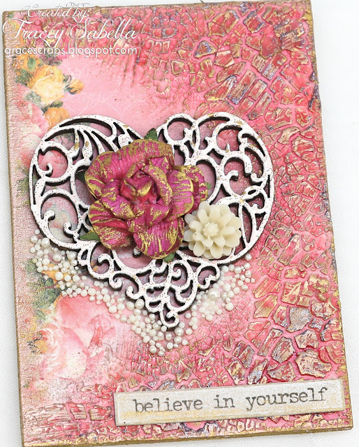Mixed media Valentine artist trading cards (ATC) by Tracey Sabella for ScrapBerry's. Also using FInnabair Prima Waxes, Prills, Viva Croco Crackle, and Heidi Swapp Color Shine.  http://bit.ly/2DgtuTt