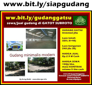 Cari GUDANG dijual/disewakan/dikontrakkan di kawasan Industri GATOT SUBROTO Semarang Barat? www.bit.ly/gudanggatsu GUDANG GATSU Investasi jitu Luas tanah 320 ( 8×40) Luas bangunan 240 (8x 30) HARGA JUAL Rp.2.9 M Cash HARGA SEWA 150jt/thn, masa KONTRAK selama 5 thn cash Minat serius? TELPON! Jangan SMS! Mintalah nmr telkomsel saya di admin ( Kang Malik 0815-767-1001 ) TTD: Dr Alexande Alif Nukman Cari GUDANG dijual/disewakan/dikontrakkan di kawasan Industri GATOT SUBROTO Semarang Barat? www.bit.ly/gudanggatsu GUDANG GATSU Investasi jitu Luas tanah 320 ( 8×40) Luas bangunan 240 (8x 30) HARGA JUAL Rp.2.9 M Cash HARGA SEWA 150jt/thn, masa KONTRAK selama 5 thn cash Minat serius? TELPON! Jangan SMS! Mintalah nmr telkomsel saya di admin ( Kang Malik 0815-767-1001 ) TTD: Dr Alexande Alif Nukman