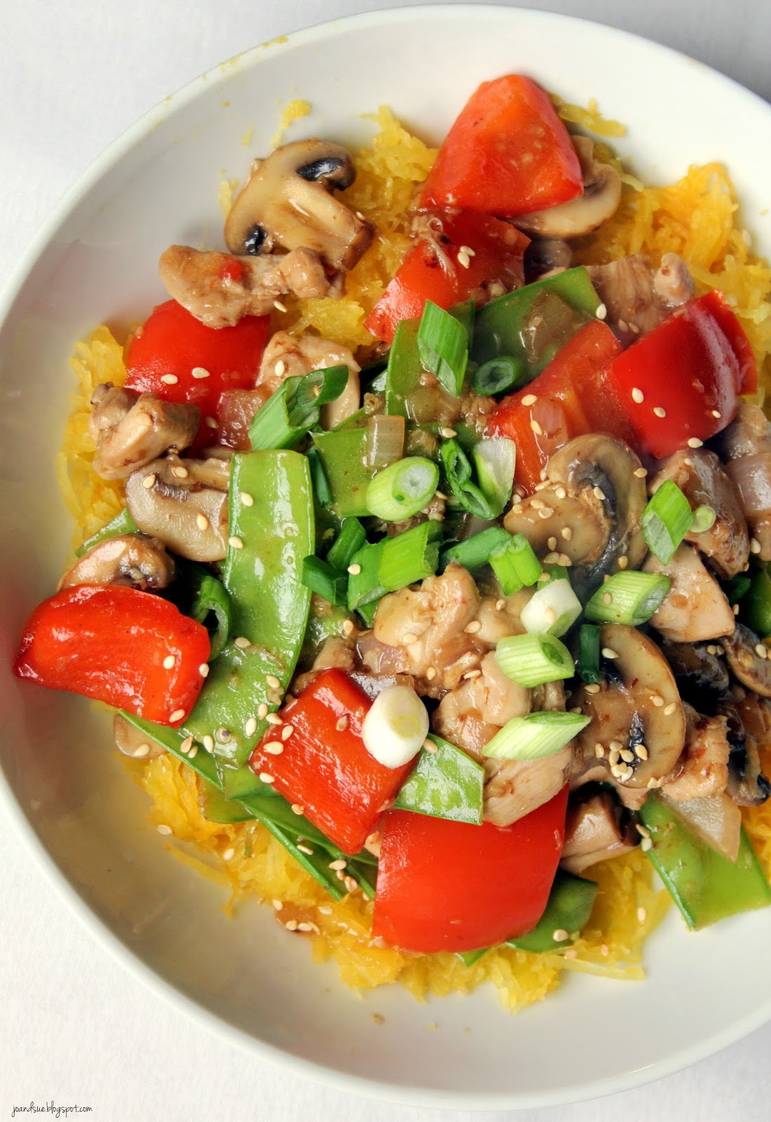 Jo and Sue Chinese Garlic Chicken and Vegetables on Spaghetti Squash
