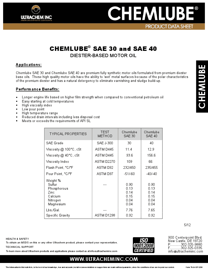Chemlube Sport Single Grade Motor Oils Product Data Sheet