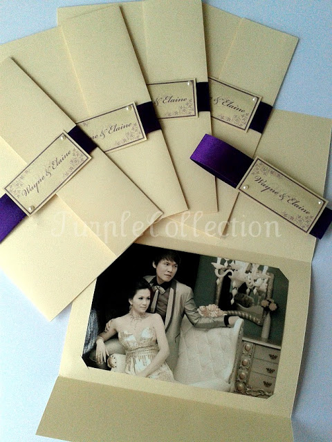 Wayne & Elaine's Wedding Photo Cover, slide off ribbon card, ivory and dark purple, ivory, dark purple, wedding card