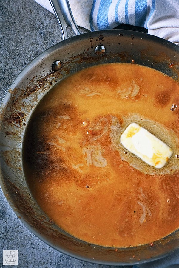 Making homemade teriyaki sauce in a skillet for the Teriyaki Rice Bowl