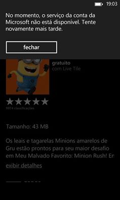 No momento, o serviço da conta da Microsoft não esta disponível.