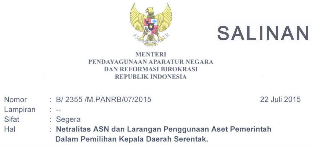 Surat Edaran Menpanrb Perihal Netralitas Pns Asn Dalam Pilkada Serentak Jurnal Pp