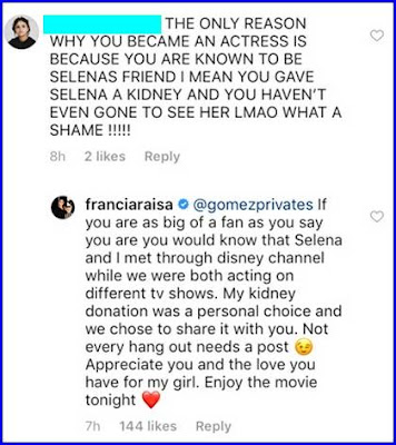 Comentario de fan de Selena Gomez a Francia Raisa y respuesta de Francia.