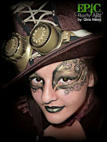 Steampunk makeup mask with gears and rhinestones glued on
