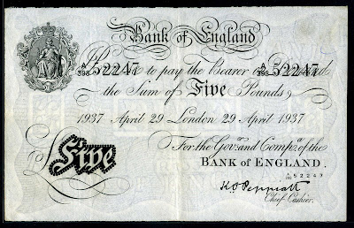 British White Five Pounds Banknote, Britannia Bank of England White Fiver