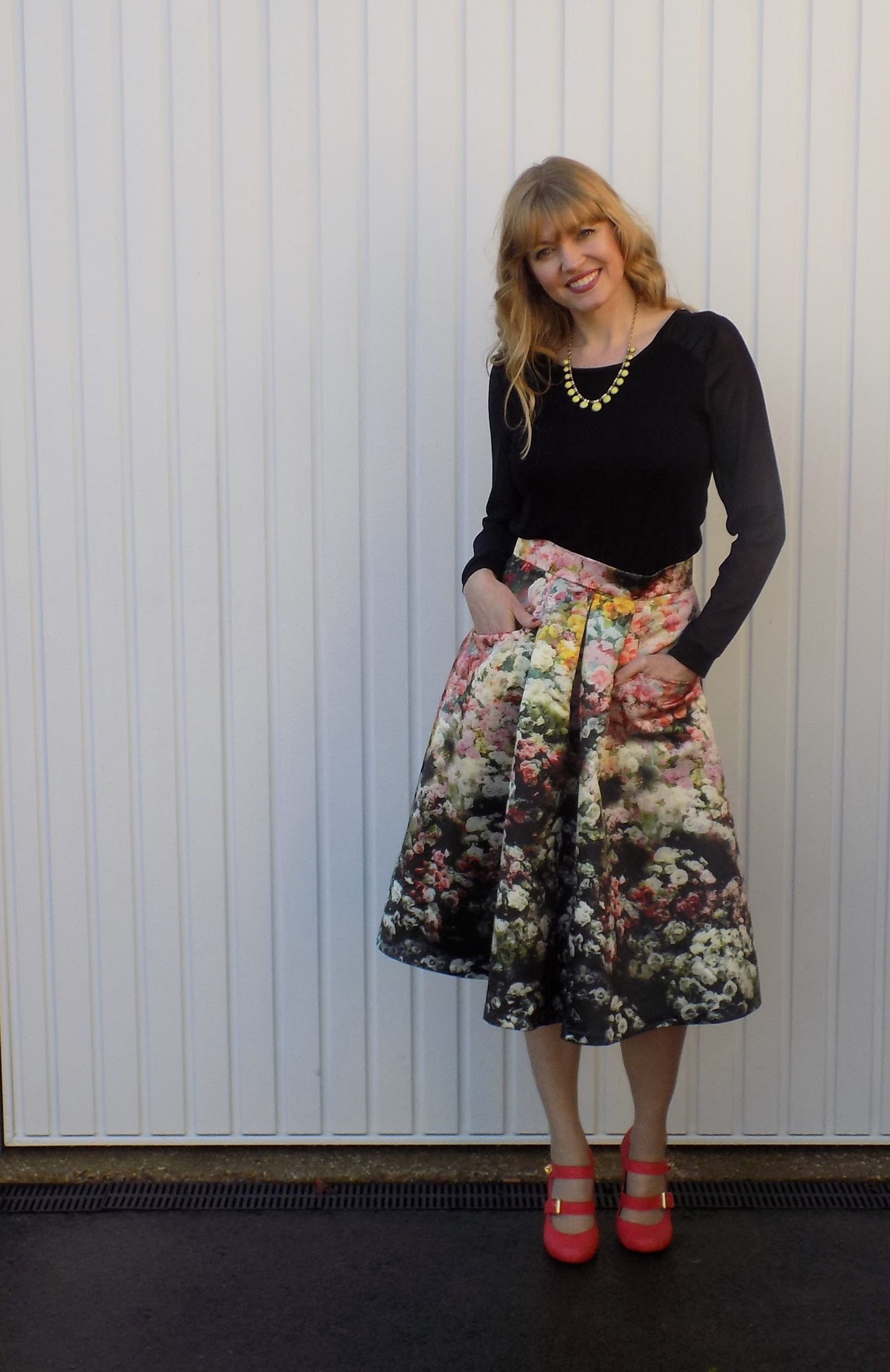 Outfit Floral Midi Skirt with Orange Heels What Lizzy Loves