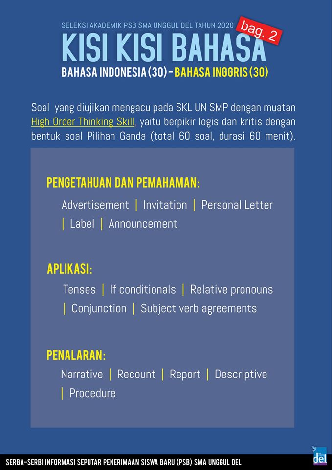 Penerimaan Siswa Baru SMA Unggul DEL Angkatan IX (Sembilan) Tahun 2020: KISI-KISI SELEKSI AKADEMIK PSB SMA UNGUL DEL TAHUN 2020 Penerimaan Siswa Baru SMA Unggul DEL Angkatan IX (Sembilan) Tahun 2020: KISI-KISI SELEKSI AKADEMIK PSB SMA UNGUL DEL TAHUN 2020