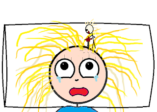 stick figure using a jackhammer on my head as I lay on a pillow, crying.